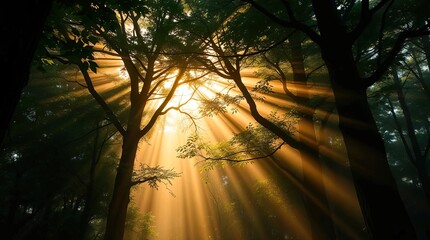sunlight filtering through a dense forest
