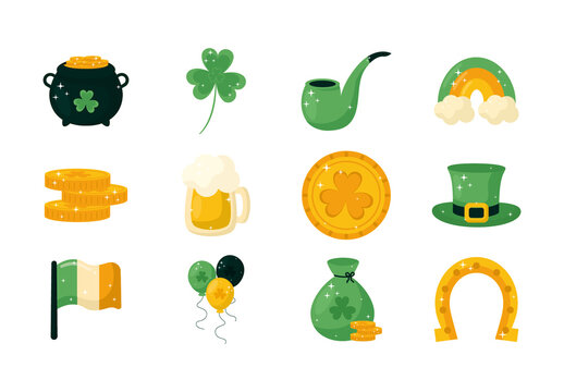 Green And Yellow Saint Patricks Day Celebration Illustrations Set