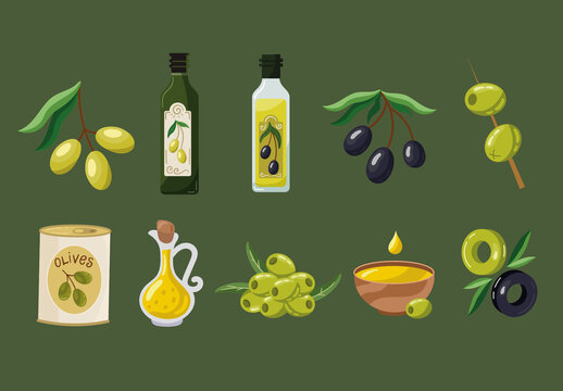 Green And Brown Olive Branch Olive Oil Food Illustrations Set