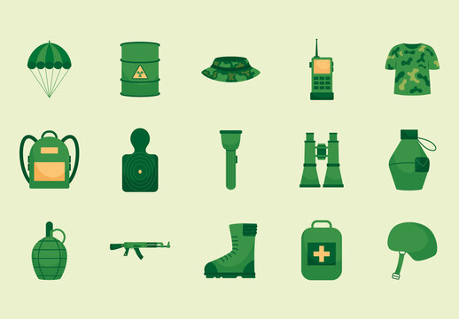 Green Military Equipment Illustrations Set