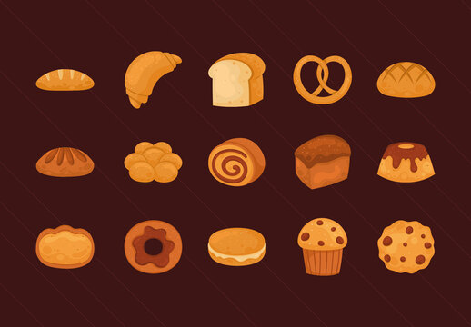 Orange And Brown Bakery Bread Illustrations Set