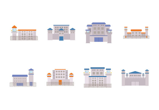 Grey Jail Building Prison Guard Tower Illustrations Set