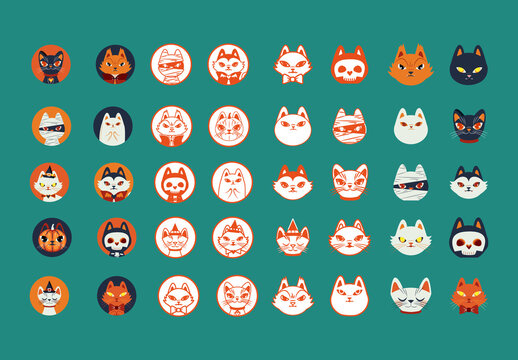 Colorful Halloween Cat Faces Illustrations Set