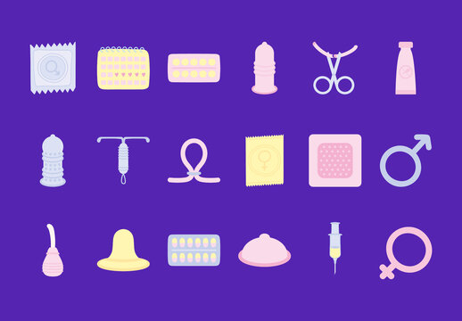 Pink And Purple Contraceptive Control Safe Protection Icons Set