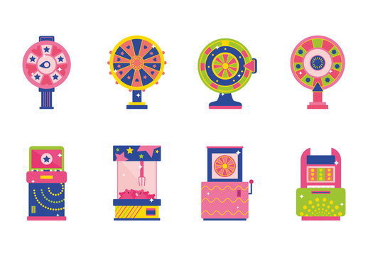 Pink And Blue Casino Machines Game Slot Arcade Illustrations Set