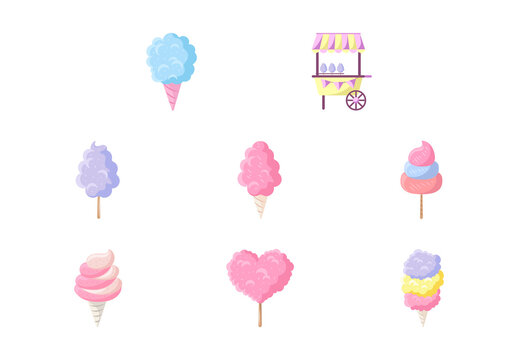 Pink And Purple Cotton Candy Sweet Carnival Fair Illustrations Set