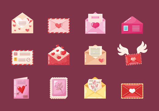 Pink Valentines Day Cards Love Heart Romantic Envelope Illustrations Set