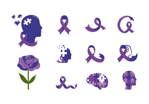 Purple Alzheimer Dementia Brain Awareness Memory Icons Set