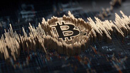 Golden Bitcoin symbol surrounded by data visualizations