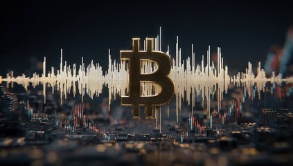 Bitcoin symbol overlaid on audio waves over a city landscape