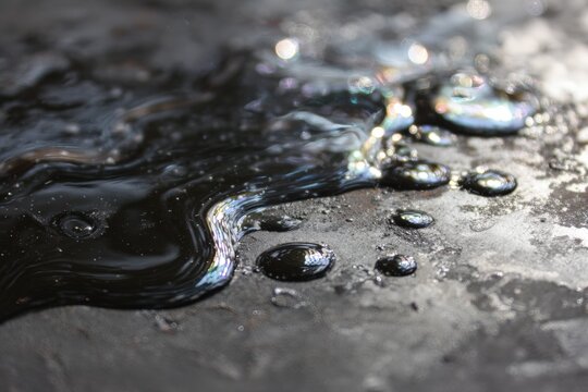 Dark, oily substance spills on a textured surface - Powered by Adobe