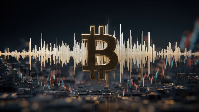 Bitcoin symbol overlaid on audio waves over a city landscape