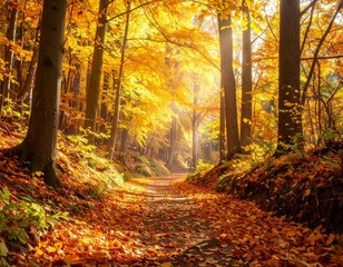 Obraz premium Autumn forest trail covered in golden leaves, soft natural light, atmospheric seasonal travel background.