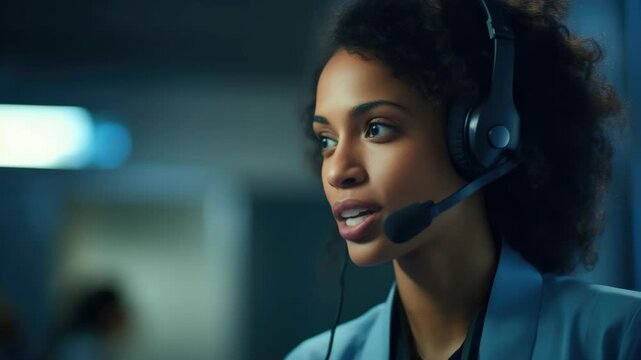 A smiling call center agent wearing a headset and focused on helping customers.