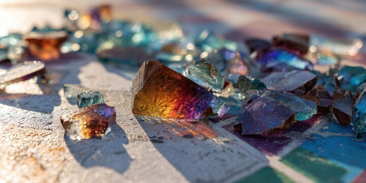 Shattered glass fragments, colorful array