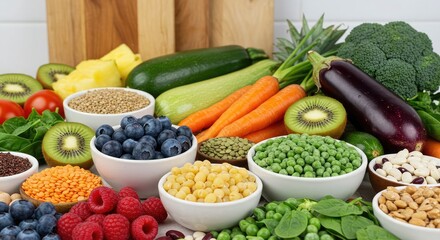 Vibrant assortment of fresh vegetables, fruits, and legumes, perfect for healthy eating campaigns or nutritional guides, showcasing a colorful and balanced diet concept