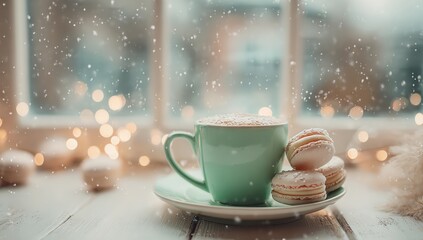 Cozy winter scene with coffee and macarons