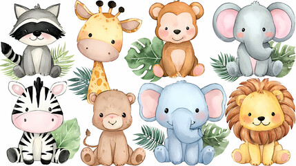 Obraz premium Adorable watercolor jungle animals including a raccoon, giraffe, monkey, and elephant