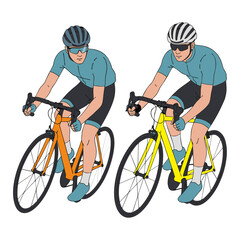 Obraz premium vector illustration of two man cycling with helmet on a road bike. Plain white background.