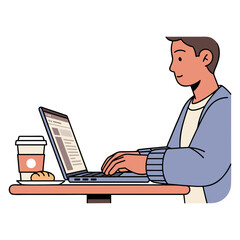 vector illustration of a person working remotely with laptop at a coffee shop.  Plain white background.