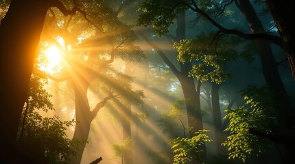 sunlight filtering through a dense forest