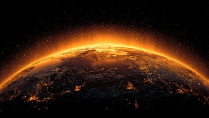 Earth, fiery sunrise, space