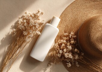 Sun protection lotion with straw hat and dried flowers