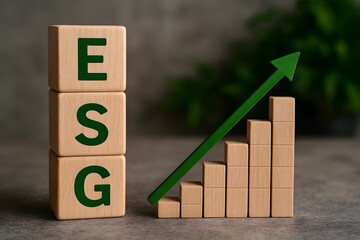 ESG concept blocks with green arrow showing growth 