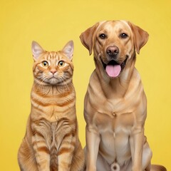 Obraz premium Adorable Labrador Dog and Orange Tabby Cat Sitting Together on a Yellow Background, a Cheerful and Authentic Portrait of Interspecies Friendship.