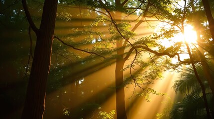 sunlight filtering through a dense forest