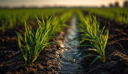 Young sprouts in a field irrigation channel