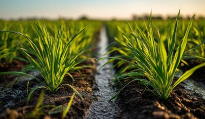 Freshly planted crops in irrigation furrows