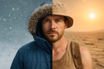A person experiencing two different weather conditions with winter and summer. 
