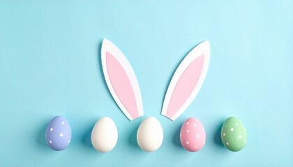 Row of pastel Easter eggs with polka dots and central bunny-ear egg on light blue background