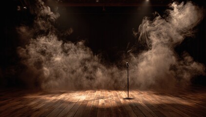 Empty stage with microphone and fog