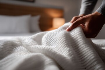 Fototapeta premium Close-up of hands smoothing a white knitted blanket on a bed