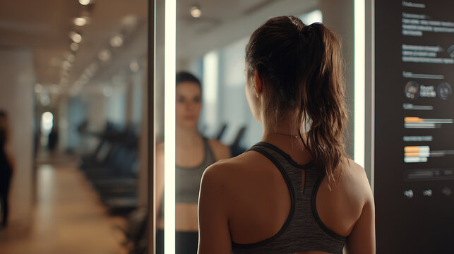 Woman in gym attire examining herself in a mirror with digital display