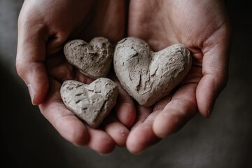 Hands holding three small, textured hearts