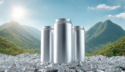 Three aluminum cans in a mountain landscape