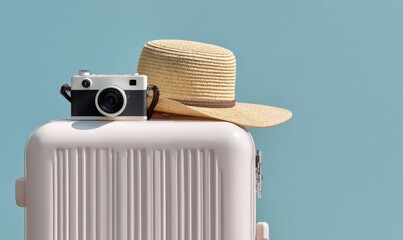 Pink suitcase with camera and straw hat
