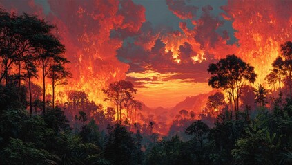 Fiery sunset over burning forest