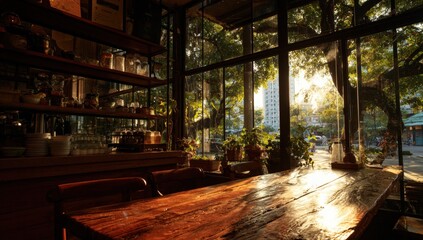 Warm interior cafe with city view