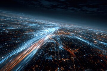 Night city lights streaking across the globe