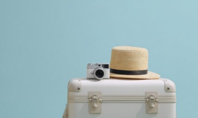 A white suitcase with a camera and straw hat