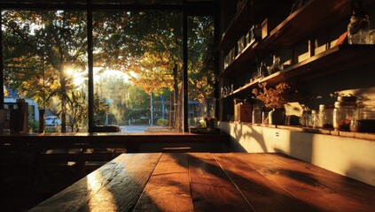 Sunlight streams into a wooden cafe