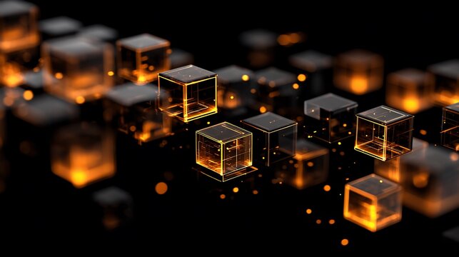 Glowing cubes in dark space with bokeh, transparent and refractive