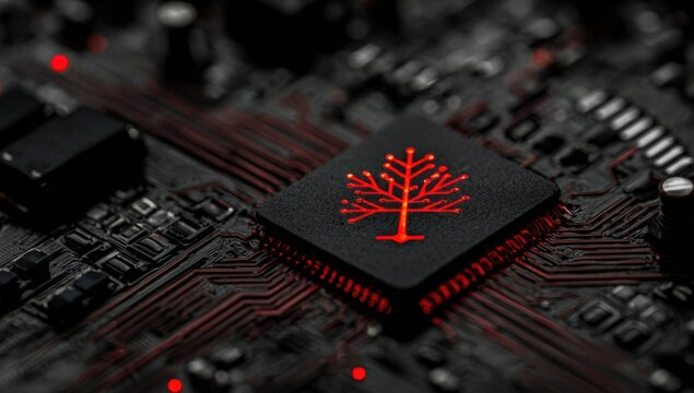Close-up of a circuit board with glowing tree symbol