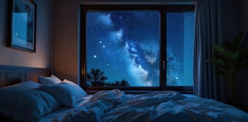 Dark, star-studded night sky visible through a bedroom window, creating a celestial ceiling effect  Perfect for relaxation, sleep, dreams, and astronomy themes ,  heavenly,  moonlight