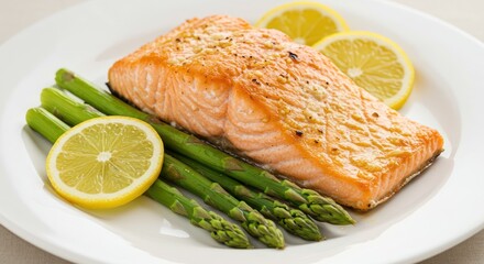 A delicious and healthy meal of baked salmon fillet served with fresh green asparagus and zesty lemon