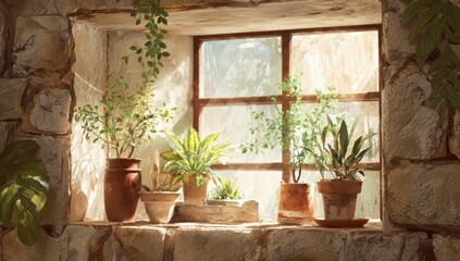 Sunlight streams through a stone windowsill filled with plants